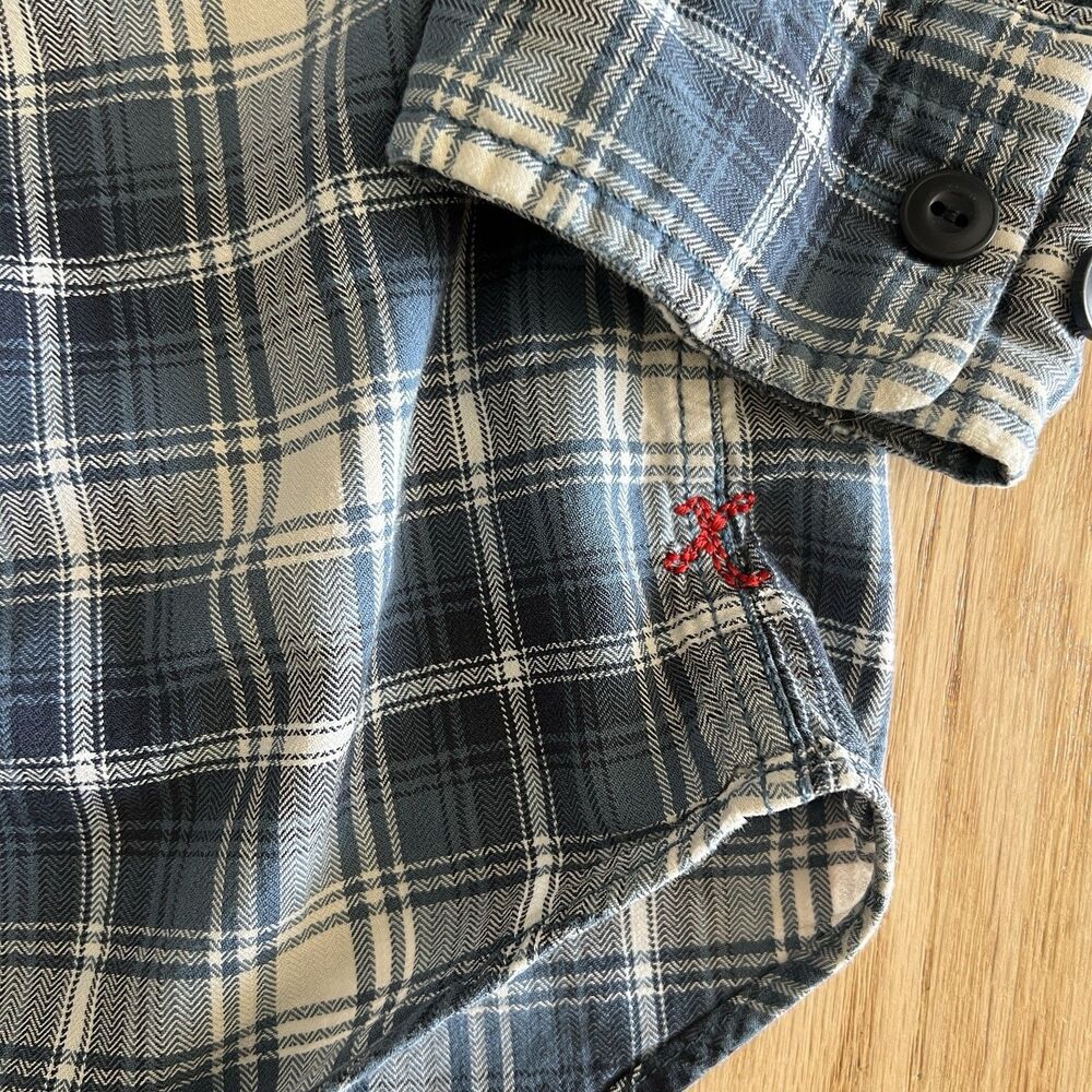 Y2K Express Button Up Shirt Men S‎ Blue beige Plaid classic cotton long sleeve - Picture 3 of 4